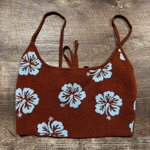 PacSun Brown Knit Hibiscus Flower Print Crop Top Size XS